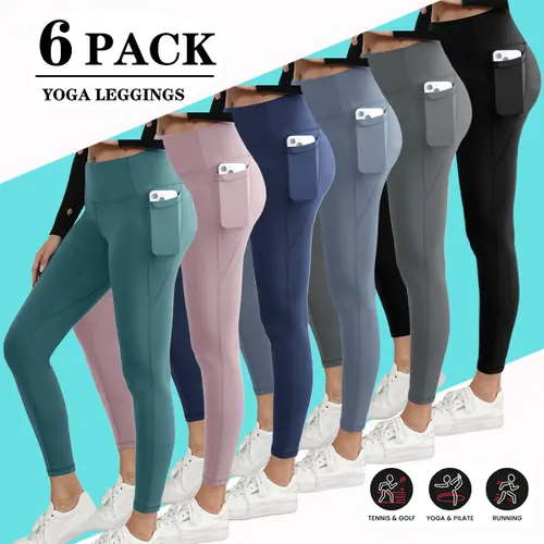 Women’s yoga pants available in packs of 3/5/6/8 pieces, featuring pockets and a high-waisted, tight-fitting long design; sporty casual style suitable for sports, fitness, and outdoor wear.