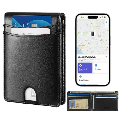 Premium Leather Mens Wallet, Works with Apple Find My, RFID Blocking Smart Wallet for Men, Holds up to 10 Cards, Slim Bifold Credit Card Holder with Cash Slot, Wireless Rechargeable
