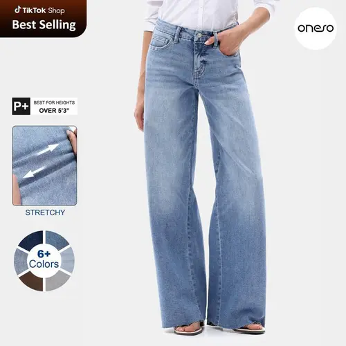 ONESO Mid-Waisted High Stretchy BBL Wide Leg Baggy Jeans Tummy Control Distressed Denim Pants for Women All Season Comfortable Bottoms Regular and Plus Sizes