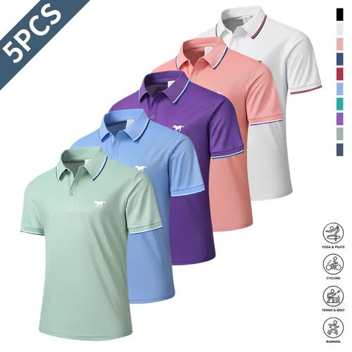 Men's 5-Pack Ice Silk Seamless Lapel-Neck Short-Sleeved Polo Shirts, Smart Casual Style Business Casual Tops, Men's Fashion Sportswear, Ideal for Work Travel, Business Casual Polo Shirts