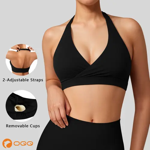 OQQ Women's Halter Neck Sports Bra for Women with Adjustable Straps & Removable Pads Open Back V Neck Bra