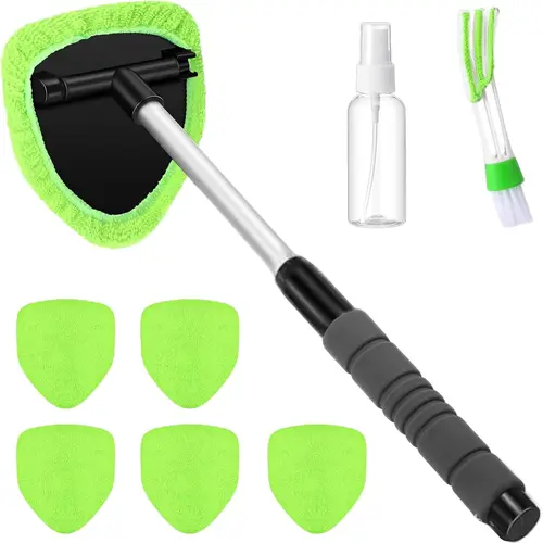 Windshield Cleaner Tool, Car Interior Detailing Cleaning Kit with Extendable Handle and 5 Upgraded High-Density Reusable Microfiber Pads, Auto Glass Wiper Brush Kit for Cars																	