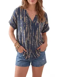 Shewin Summer Women's Abstract Print Split Notch V-Neck Blouse Rolled Cuff Short Sleeve Loose Fit Everyday Casual Pullover Shirt,back to school,back to school shopping