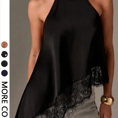 1 Piece Lace-Trimmed Halter Top | Euro-American Elegant Chic Vibe | Cold Shoulder Design + High Neck Halter | Sophisticated Pick for Holiday Nights / Formal Occasions Evening Elegance