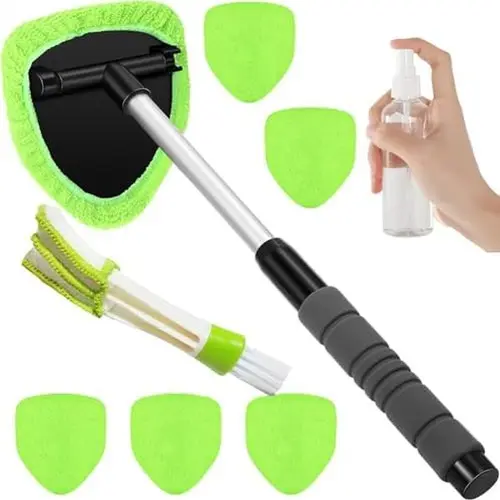 9 Pcs Car Windshield Cleaner Tool Kit with Extendable Handle, Microfiber Towel Pads, Brush, Empty Spray Bottle for Auto Glass Wiper Suvs Rvs & Home Windows (Green)																	