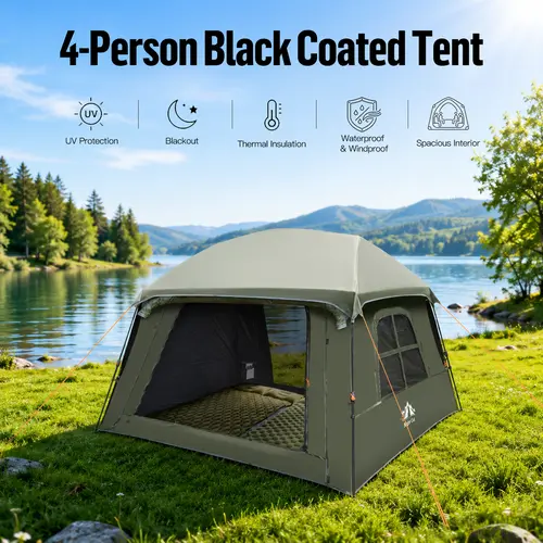 Night Cat 4-Person Blackout Cabin Tent, 7.9x6.9x5.2 ft Spacious Rainproof Model with Instant Setup, Vestibule & Rainfly, Family Camping Essential Sports & Outdoor Gear, Tents for Camping, Rainproof Tent