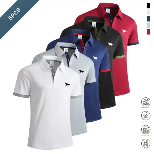 5 Pack men's business and leisure POLO shirts, golf shirts, lapel T shirts, the fabric is slightly elastic, soft, comfortable and breathable, suitable for home leisure and outdoor sports, daily matching, gifts for men Athletic Outfits Athletic Activewear,