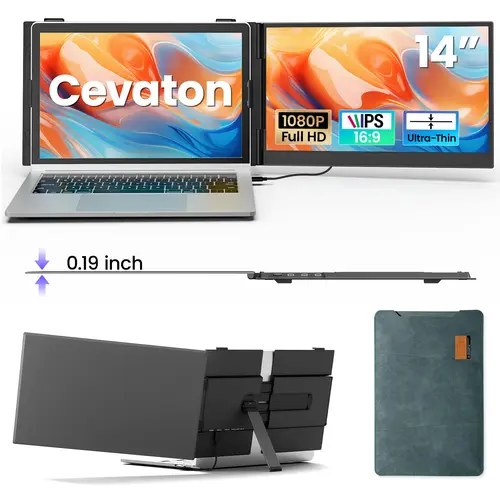 Cevaton 14" Compact Portable Screen Extender for Laptop Work, Ultra-Slim 1.3 lbs Dual Monitor Setup, 1080P FHD External Display for 13"-17" Laptop Fit, USB-C/HDMI Connection, Dex Compatible, Monitor Only,#TikTokBackToSchool