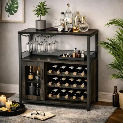 Wine Bar Cabinet, 3-Tier Liquor Storage Cabinet with Removable Wine Rack & Glass Holder, 36 Inch Tall Sideboard Buffet with Mesh Door Adjustable Shelf, Metal Frame Waterproof, Adjustable Feet,