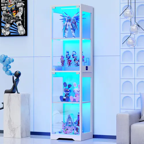 MIIFUNY Glass Display Cabinet, 4-Tier Curio Cabinets with 3 Color Lights for Collectibles, Storage Cabinet with Door, Glass Display Case & Bookcase with Human Body Sensor, White