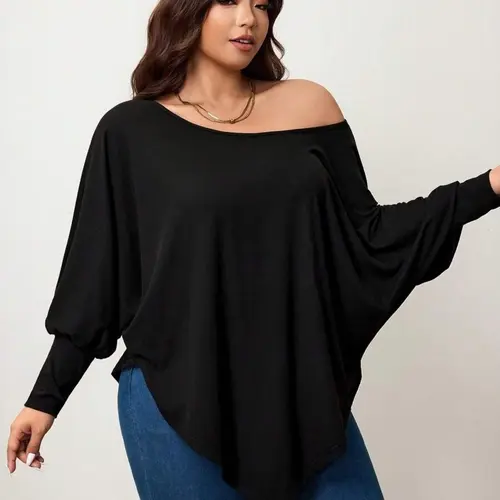 Elegant Women's Plain Batwing Sleeve Top Blouse, Flowy Off-Shoulder Long Shirt, Asymmetrical Hem Design, Casual Outdoor Wear, Plus Size Fashion