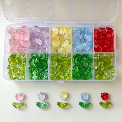 100-Piece Glass Tulip Beads & Leaves DIY Craft Kit, Beaded Set, Diy Mix Beads, Bead Assortment, Beading Making, Diy Jewelry Accessories, Beading Supplies | For Bracelet, Necklace, Earring, Bag Charm & Car Hanger Making | Perfect Gift for Crafters