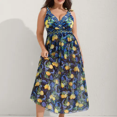 BloomChic Women's Plus Size 2-Piece Citrus Print Tankini Set - Slimming Tummy Control, High Waisted Bodycon Bathing Suit for Beach, Swimwear Beach Outfits, Swimsuits, Beachy Ocean Style Women's Tankinis Set