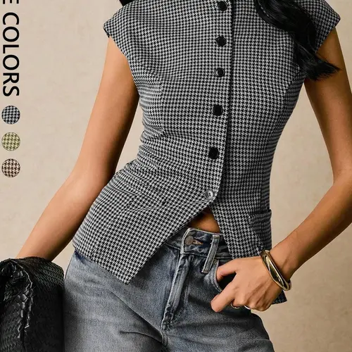 Women's Houndstooth Blouse, Round Neck, Short Sleeves, Fitted Knit Vest Shirt, Bodycon Fitted Top, Old Money Style, College Style, Casual, Unlined, Plain Surface, Tops, Blouses Shirts Tops