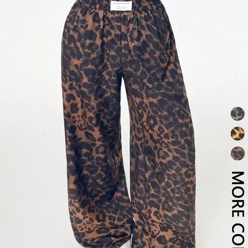 Women's Leopard Print Wide Leg Pants, High Waist Elastic Waist Loose Fit Oversized Baggy Street Style Long Pants, Printed Pants, Fashionable Casual Wear, Casual Street Trousers
