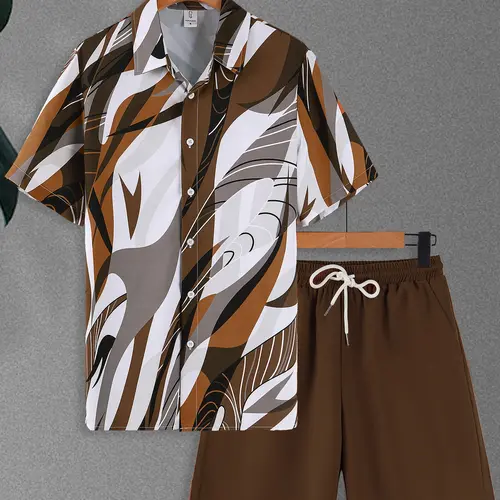 Men's 2-Piece Set, Tropical Abstract Art Print Short-Sleeve Shirt & Solid Color Drawstring Waist Shorts, Lightweight Breathable Fabric, Relaxed Fit Homewear & Loungewear