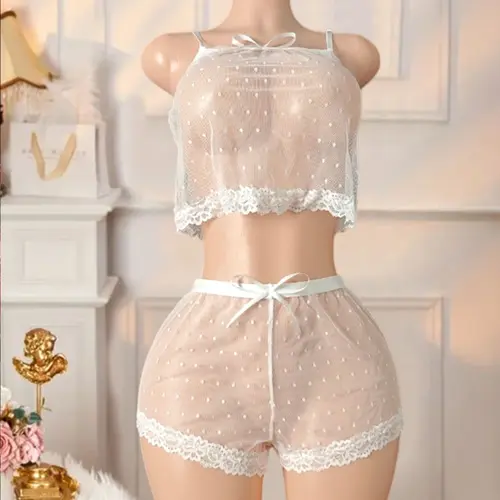 Women's Polka Dot Mesh Lingerie Set, Sheer Feminine Lingerie Nightwear Sleepwear Panty Set with Fitted Inner Layer for All-Season Wear Underwear Style