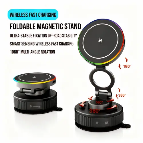 Guccqueen Automotive Car Charger - 15W Fast Wireless Charging, Vacuum Magnetic Design, 1080° Foldable Alloy Dashboard Phone Mount for iPhone 17/16/15 Pro Max & Wireless Chargers Android Devices