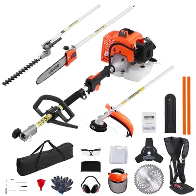 【summerfinds】VEVOR Gas Hedge Trimmer, 2 Cycle Gas Power Handheld Hedge Trimmer, 5-in-1 63cc Cordless Weed Eater with Protective Gear Set, Includes Hedge and String Trimmer, Brush Cutter(3T & 40T Blades), Pole Saw