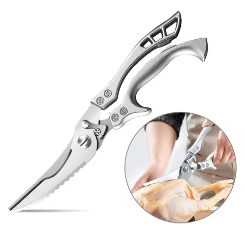 Professional Thick Full Steel Handle Poultry Shears - Stainless Steel Spring-Loaded Kitchen Scissors with Sheath, Left-Right Grip, Ergonomic Seahorse Curve, Serrated Bone Cuts, Open-Close Lock, Easy to Clean for Cutting Chicken, Fish & Meat Ready