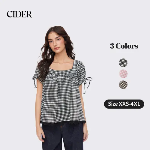 Cider Vintage Summer Plaid Square Neck Blouse for Casual Daily, Elegant Puff Sleeve Top, Ladies Drawstring Shirt, Retro Vacation Outfits, Lady Crop Tops