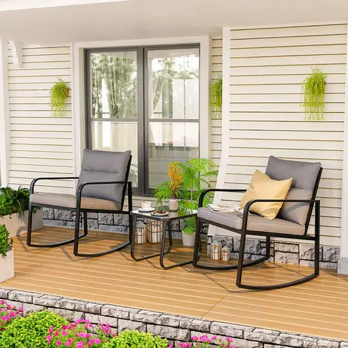 Gizoon 3-Piece Rust-Free Sturdy Modern Patio Set - Black Steel Outdoor Furniture with Glass Coffee Table, Foam Core Soft Foam Cushions for Balcony, Garden