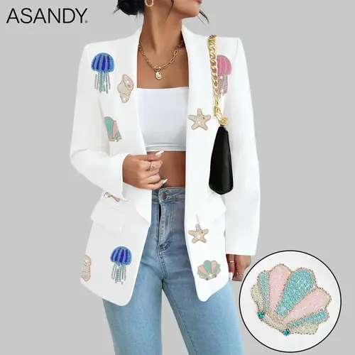 ASANDY Women's Chic Fashion Ribbed Satin Coral Fit Ocean Theme Rhinestone Blazer - Jellyfish, Starfish, Shell Embellishments, Hoop Accents, Long Sleeve, Light Casual Dress, Basic Pieces, Brunch/Vacation Use, Swimsuit Cover-Up Compatible, Cute, Rhinestones