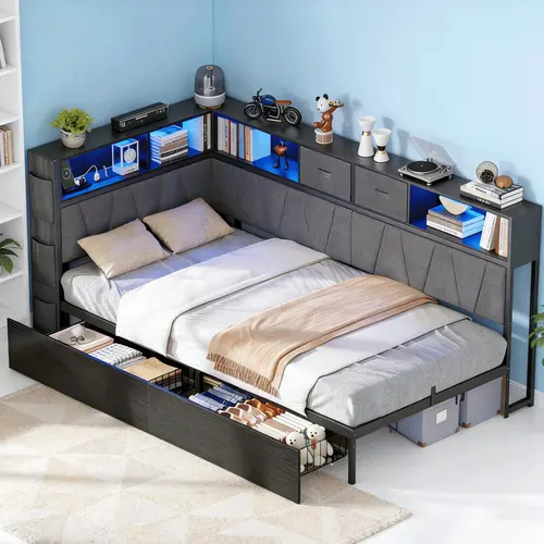 CollaredEagle Twin XL Modern Bed Frame with PU Leather Storage Bookcase, USB Charging Station, LED Lights, Underbed Drawers, Wood & Metal Platform, No Box Spring Needed, Easy Assembly, Bedroom Furniture
