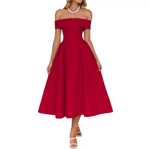 Wenrine Women's Off-The-Shoulder Sleeveless Breathable Comfortable Soft Fabric A-Line Flowy Formal Evening Dress - Zipper Closure, Wedding Guest Dresses, Formal Wear