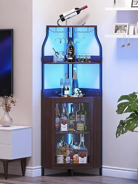 Corner Wine Bar Rack Cabinet with Detachable Wine Rack, Bar Cabinet with Glass Holder, Small Sideboard and Buffet Cabinet with Mesh Door,dorm essentials,home decor
