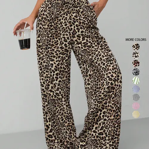 Women's Chic Leopard Print Lace-Up Wide-Leg Pants with Pockets - Breathable Cool Thin Adjustable Bottoms, Elegant Animal Print Loose Fit Baggy Trousers for Daily Wear, Leopard Pants, Animal Print Pants