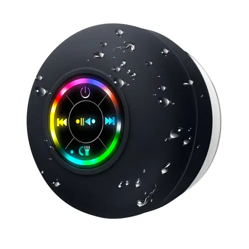 Portable Waterproof Bluetooth Speaker - Wireless Bluetooth Audio Speaker with Suction Cup, LED Lights, Rechargeable Battery, Hands-Free Function - Bathroom Use Gadget for Home, Smartphones (Black)