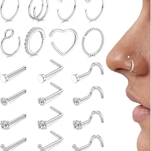 Hypoallergenic Stainless Steel Nose Rings, Rhinestone Design, Plain Pattern, 18g & 20g Sizes, Unisex Multiple Body Piercings Jewelry, 20pcs Set, Body Jewelry, High Quality Jewelry, Body Jewellery