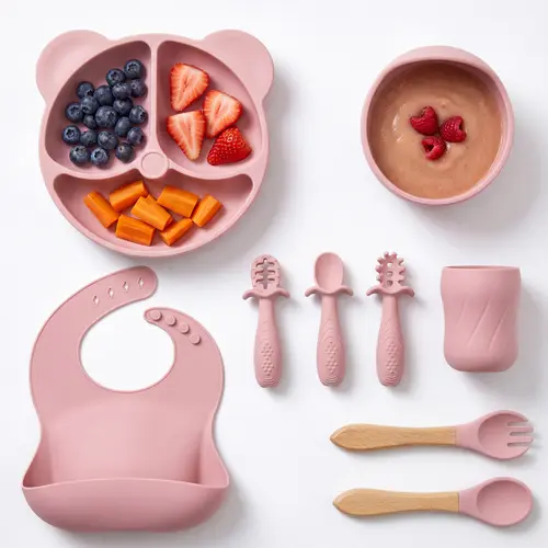 LUCKSONNY Bear Design Silicone 9-Pc Meal Set, Baby Shower Gifts, Snail Bowl for Dips, Plate, Bib, 3Pcs Training Spoons, Fork-Spoon Set, Curvy Straw Sips Cup