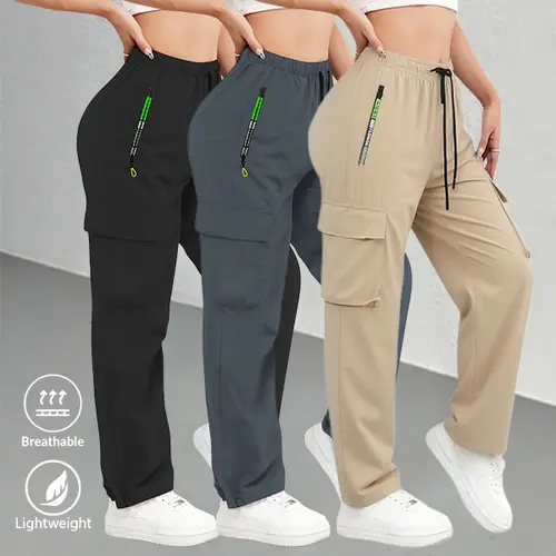 3-Pack Women’s Multi-Pocket Lightweight Summer Sports Pants – Adjustable Drawstring Waistband, Non-Stretch Fabric, Machine Washable Fitness Pants, Soft Skin-Friendly Material with a Smooth Touch, Suitable for Indoor Exercise and Outdoor Activities in Summ