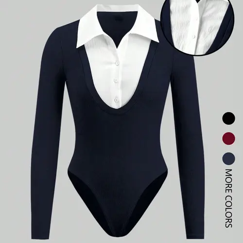 Women's Fashion Button-Up Collar Long Sleeve Slim Jumpsuit Bodysuit, Stylish Aesthetic Outfit for Casual and Formal Wear Womenswear, Fitted Casual Bodysuit, Knitted Bodysuits
