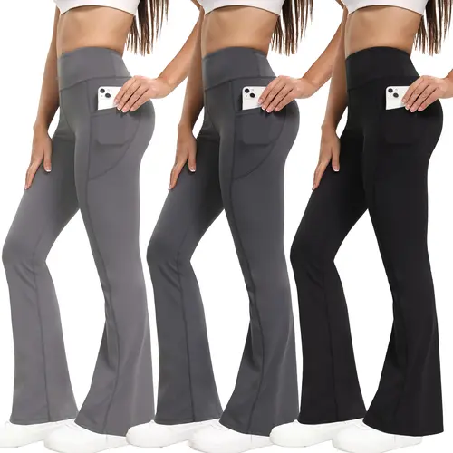 Women's Fitness Yoga Training Pants, 3-Pack High Waist Butt Lifting Flared Spandex Pants with Pockets, Fitness Yoga Pants,travel essentials,camping essentials