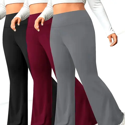3pcs Set Women's Plus Size Bell-Bottom Miracle Pants - Solid-Color Tummy Control Wide-Leg Flare Pants, Elegant for all-Season Wear, Casual/Formal Outfits & Year-Round, Slight Flare And Pockets, Designed for High Stretch, High-Waisted Pants with Pockets su