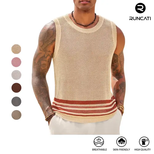 Runcati Mens Sleeveless Tank Tops Knitted Hollow Out Crochet T-Shirts Muscle Summer Beach Color Block Shirts