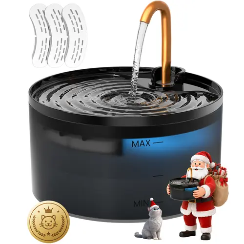 MISFANS Silent Cat Water Fountain 2.1L B13 Pet Water Fountain Ultra-Quiet Copper Spout Night Light 6-Layer Filter Soft Blue LED Automatic Gravity Feeder