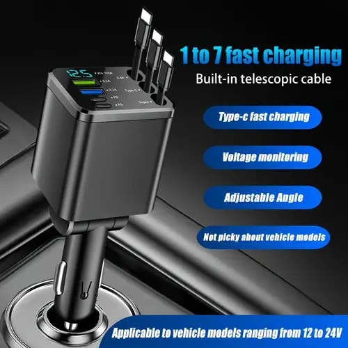 7 in 1 Retractable Car Charger with 3 Telescopic PVC Cables, 4 USB Ports, Type C PD, Voltage Display, Adjustable Angle, 12V-24V Universal Fit, Simultaneous Charge for Smart Devices, Car Accessories summerwins sohochic