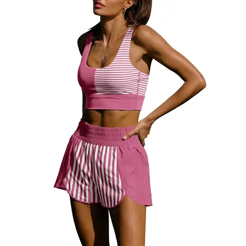 FISOEW Trending Women's Only Gym Clothing 2-Piece Colorblock Stripe Activewear Set - Racerback Sports Bra & High-Waisted Shorts for Gym, Casual Wear (2026 Spring Summer), Womens Only Gym Clothing