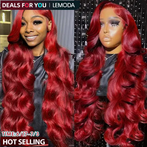 [DEALS FOR YOU】Lemoda Burgundy 13x6 HD Transparent Lace Frontal Human Hair 99J Wigs 200 Density Pre-Cut / Pre-Plucked Brazilian Body Wave Lace Front Wig With Tiny Knots