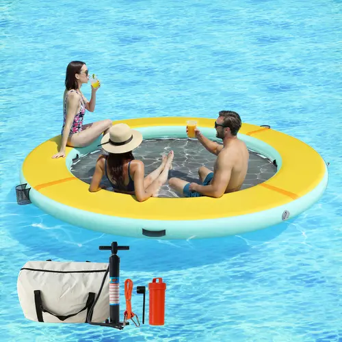 [Summerwins] AMERLIFE Hexagon/Circle/Triangle 8FT/10FT/12FT Inflatable Water Hammock for Adults, Fun for Toddler & Kids Ages 3+, Floating Raft Dock Platform with Mesh, Heavy Duty Water Float Dock for Lake Beach Party