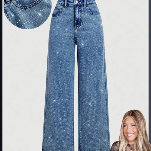 【Katrina's Exclusive】Women's Wide Leg Straight Trouser Jeans with Full Rhinestone Front, Dark Wash Chic Elegant Style Aesthetics Fitted Denim Jeans, Trendy Casual Streetwear Fashion Womenswear for All Seasons Pants Bottom