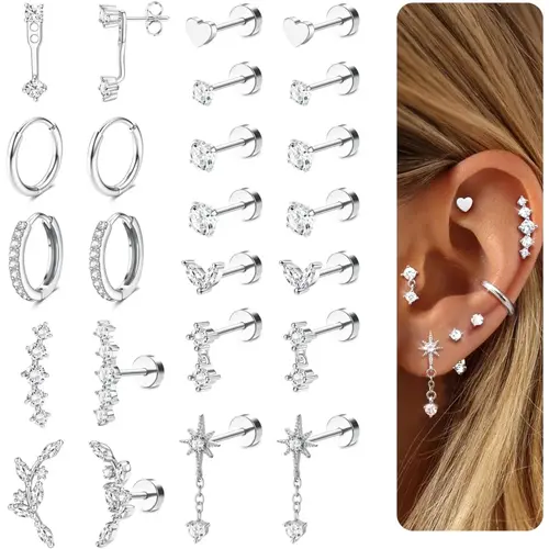 Women's Medical Steel Earring Stack Set, 11 Pairs Hypoallergenic Flat Back Studs & Hoops, Tarnish Free Accessories for Conch & Helix Piercings, Everyday Fashion Jewelry