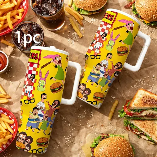 1 Pc 40 oz Burger Cartoon Vacuum Insulated Tumbler with Handle and Lid, Double-Wall Stainless Steel Leak-Proof Travel Mug, Gift for Burger Fans, Home and Office Daily Use, Drinkware, Insulated Cups