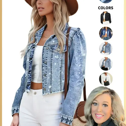 【Debbie's Exclusive】Women's High Elasticity Raw Hem Long Sleeve Button Down Collared Cropped Denim Jean Jacket Coats, Casual Plain Ripped Style for All Seasons, Long Sleeve Women's Outerwear, Tops