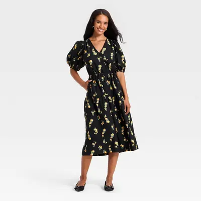 Women's Short Sleeve Wrap Tie Tier Midi Empire Waist Dress - A New Day