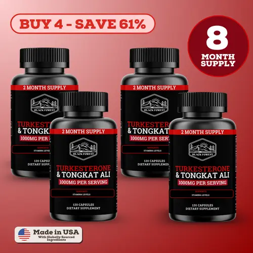 Black Forest Turkesterone & Tongkat Ali Dietary Workout Supplement for Fitness & Lean Muscle Lifestyle, 4 Bottles, 1000mg Per Serving, 480 Capsules, 8-Month Supply, Natural Herbs Formulation